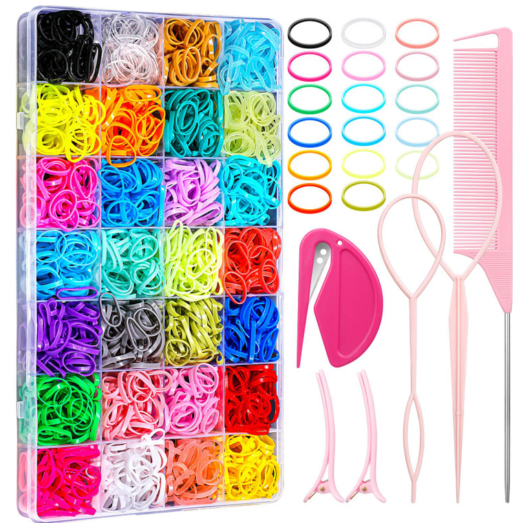 28 Colored Rubber Bands for Hair, 1500 Pcs Small Girls Elastic Ties With 6 Styling Tools - Colorful Accessories for Baby Toddlers Kids
