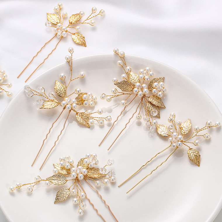 Waydress 6 Pcs Wedding Pearl Hair Pins Floral Hair Accessories Gold Leaf Head Piece Bridal Wedding Hair Clips for Women