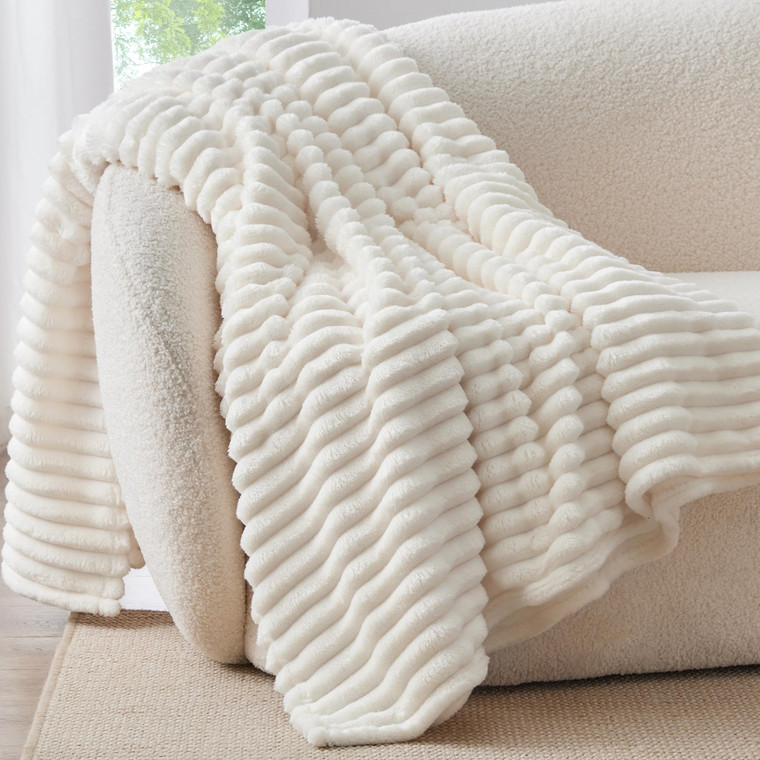 BEDELITE Fleece Throw Blanket for Couch - 300GSM Soft & Warm Fluffy Cream White Blanket, Decorative and Giftable Striped Blankets for Women, Men, 50"