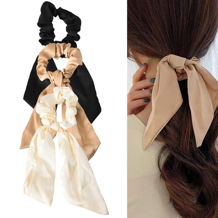 Silky Satin Hair Scarf Scrunchies with Ribbon Tails - Elastic Ponytail Holders for Women and Girls in Black, White, Beige for Thick and Thin Hair, 3P