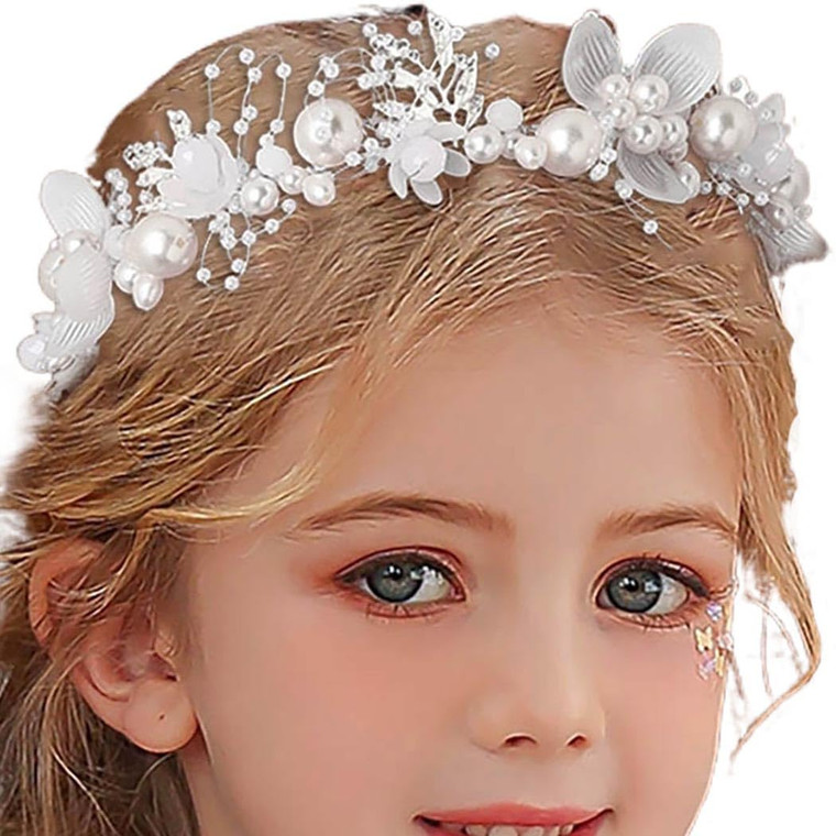 Campsis Flower Girl Headpiece Silver Princess Wedding Headband Girls Flower Pearl Hair Accessories for Birthday Party, Photography