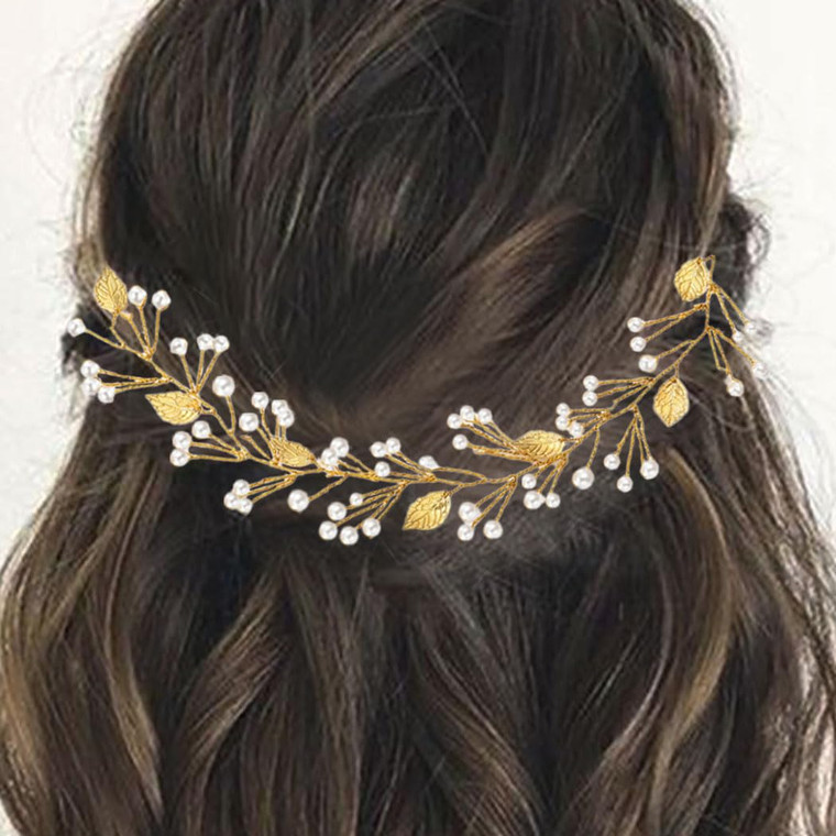 EASEDAILY Leaf Wedding Hair Vine Gold Rhinestone Bridal Headpiece Pearl Hair Accessories for Women and Brides