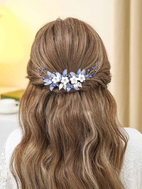 Unicra Butterfly Bride Wedding Hair Vine Blue Pearl Bridal Hair Piece Silver Rhinestone Headband for Women and Girls