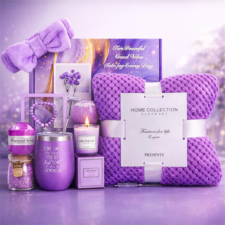 Valentine's Day gift for girlfriend?Birthday Gifts for Women, Romantic gifts,Purple Lavender Spa Flannel Blanket Gift Set, Gift For Female Friend, Mo