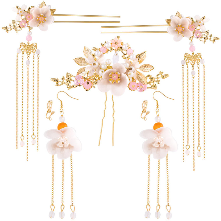 HINZIC 5Pcs Flowers Tassel Hair Pins Set, Crystal Rhinestone Pearl Hair Stick, Chinese Hanfu Traditional Wedding Classical Hair Accessories Earrings
