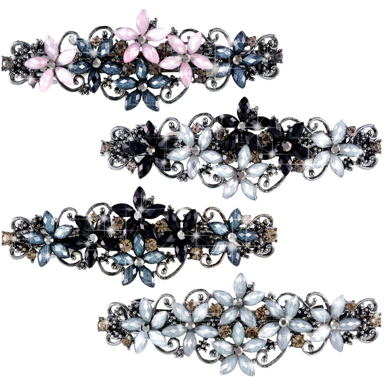 Janinka 4 Pcs Flower Barrettes for Women Ladies, Rhinestones Hair Accessories Crystal Barrette Spring French Ponytail Hair Clips for Women Wedding St