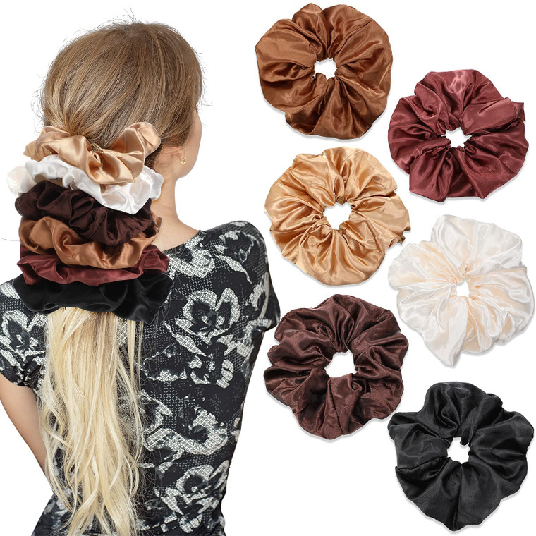 Chuangdi 6 Pieces Big Satin Scrunchies for Women, Jumbo Silk Scrunchies Thick Elastic Jumbo Hair Tie Galentine Valentine's Day Gifts(White, Red Brown