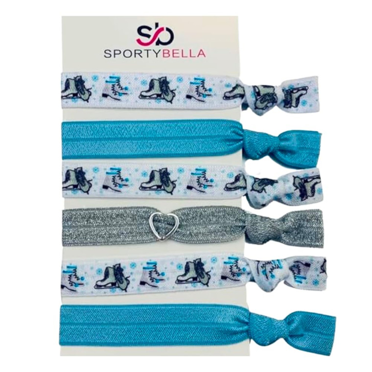 Sportybella Girls Hair Accessories - No Crease, No Tug Hair Ties and Ponytail Holders with Figure Skating Design (Blue/Silver), 6pcs