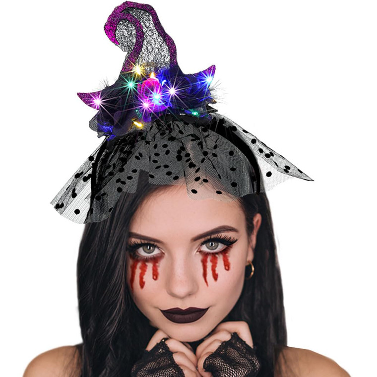 Firuilo Halloween Light Up Headband Glowing Witch Hat Headbands Floral Lace Headpieces LED Spider Web Hair Accessories for Halloween Party Cosplay