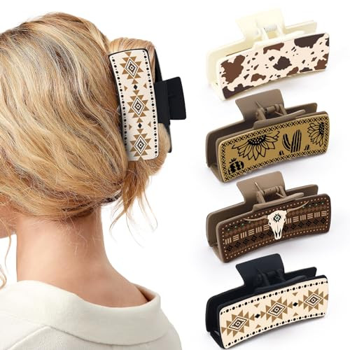 Yussti Western Leather Hair Claw Clips Sunflower Floral Square Claw Clips for Hairstyling Southwest Cow Print Cowhide Hair Accessories Large Aestheti
