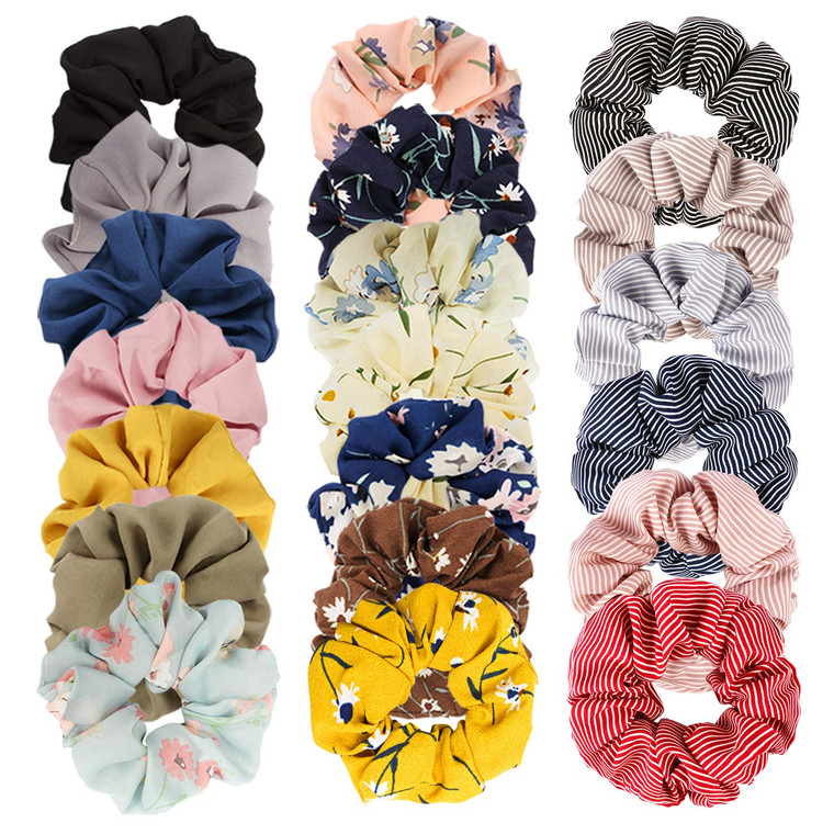 Velscrun 20 Pcs Floral Plaid Solid Color Scrunchies, Scrunchies for Girls Women with Chiffon, Hair Scrunchies for Women's Hair Elastics Bands Ponytai