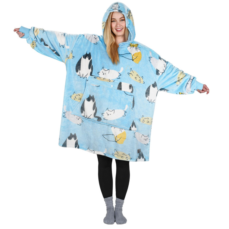 Catalonia Cat Print Oversized Blanket Hoodie Sweatshirt, Wearable Fleece Pullover for Adults Men Women