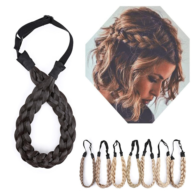 Braided Hair Band Elastic Stretch Wide Chunky Synthetic Hairpiece Headband for Trendy Girls Women (Medium-five strands braided, dark brown)