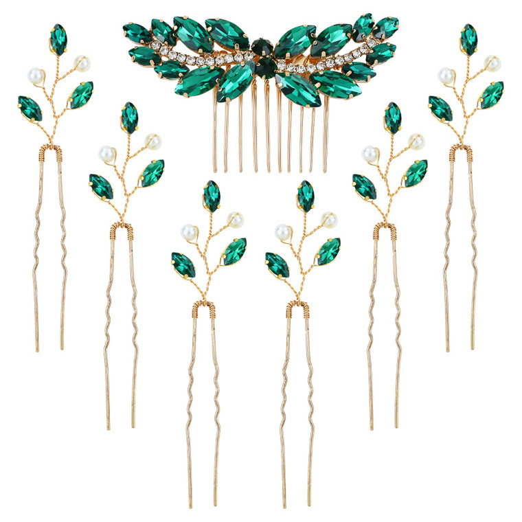 inSowni 7 Pieces Vintage Proms Bridal Wedding Glitter Green Rhinestone Crystal Gold Metal Hair Side Combs Slides U-shaped Hair Pins Accessories for W