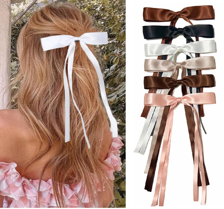 Cute Hair Accessories: Bow Hair Clips, Ribbon Barrettes with Long Tails and Tassels for Girls - 6PCS Fashion Set