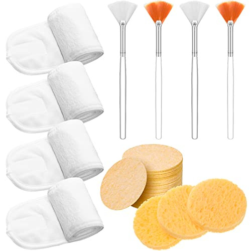Skyley Esthetician Supplies 4 Pack Facial Headbands Esthetician Makeup Head Wrap 30 Pieces Compressed Facial Sponges, 4 Pieces Face Mask Fan Brushes(