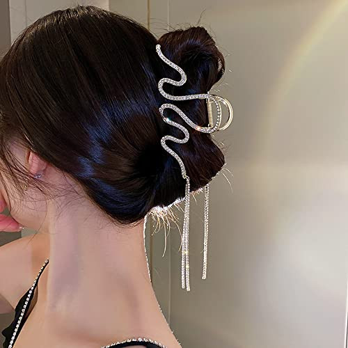 Jumwrit Large Rhinestone Hair Claw Clip with Big Wave, Long Tassel Chain, Strong Metal Hold for Thick Hair (Gold)
