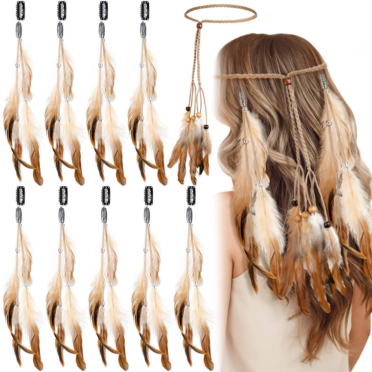 Bencailor 10 Pcs Feather Hair Extensions Clip in Hair Feather for Women Boho Cosplay Costume Hippie Pirate Headband Summer Party Headdress Accessorie