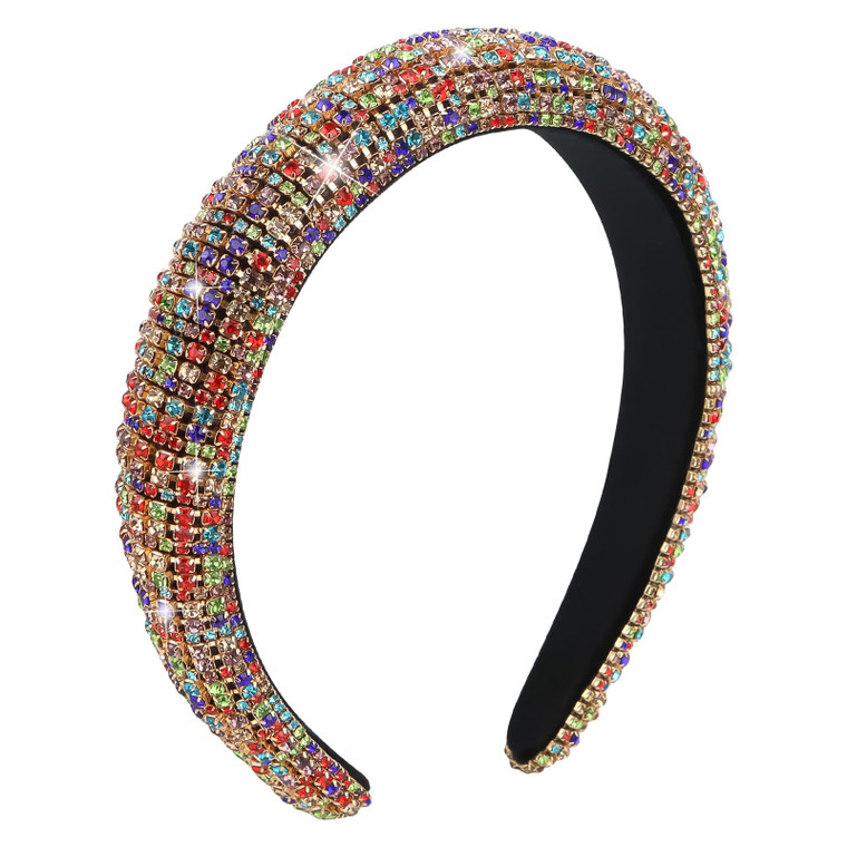 Wecoe 1pc Rhinestone Headband Women Girls Thick Padded Headband Bling Glitter Sparkly Colorful Diamond Head Band Fashion Hairband Holiday Formal Hair