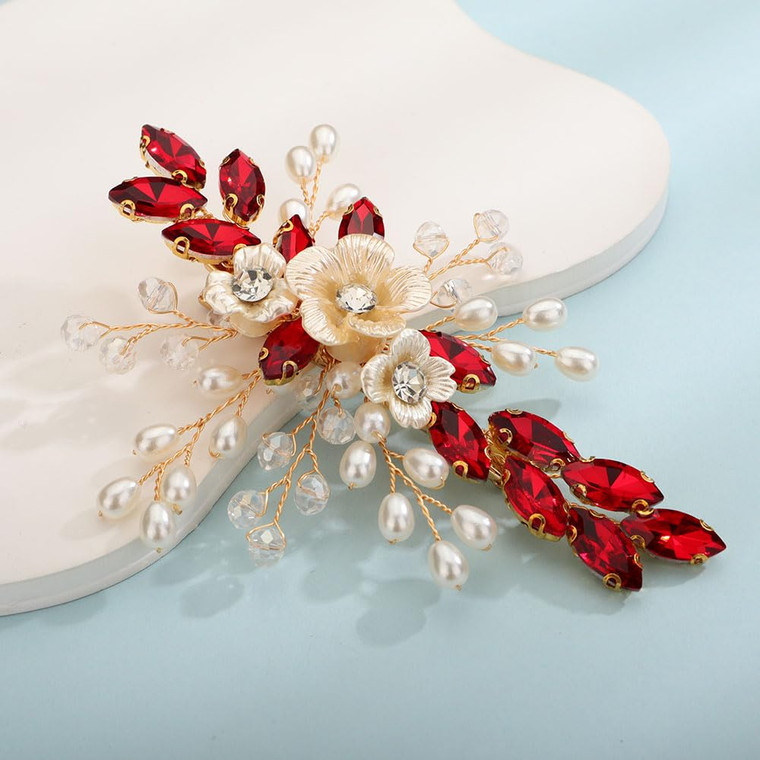 Teyglen Bridal Hair Accessory - Handmade Crystal and Pearl Floral Hair Clip with Rhinestones for Women and Girls (Red)