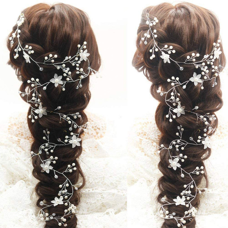 Teyglen Bride Wedding Flower Pearls Long Hair Vine Silver Rhinestone Crystal Beads Hair Vine Headband Handmade Bridal Headpieces Hair Pieces Wedding
