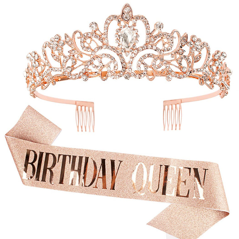 COCIDE Rose Gold Birthday Sash & Birthday Tiara Set - Crowns and Tiaras for Women Decorations Kit Rhinestone Queen Headband for Girl Glitter Crystal