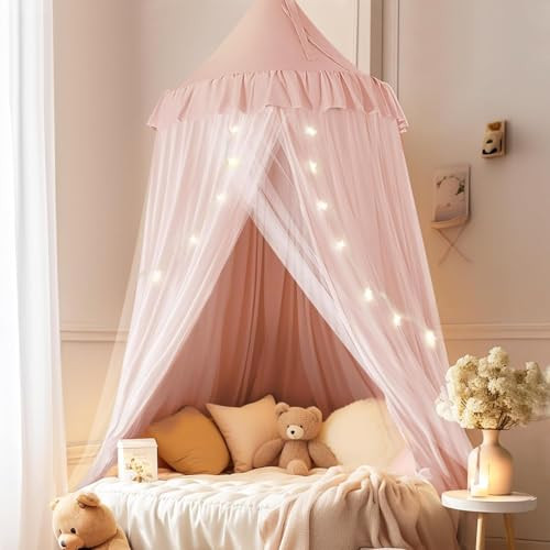 little dove Bed Canopy with Star Lights, Double Layer Canopy for Bed, Princess Play Tent for Girls Room, Breathable Bed Curtain for Children Reading
