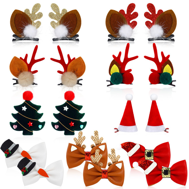 Tigeen 18 Pcs Cute Christmas Hair Clips - Tree, Reindeer Ear Hat, Bowknot Barrettes, Alligator Cosplay Punk Novelty Accessories for Women