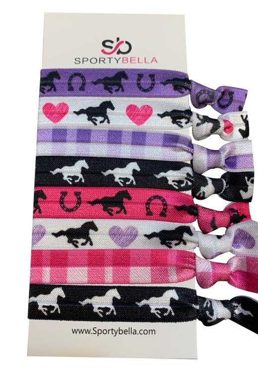 Infinity Collection Horse Hair Ties, 8pcs - Pink/Purple Hair Accessories for Girls. No Crease, No Tug Hair Elastics Set. Equestrian Themed Gift. 8 Co