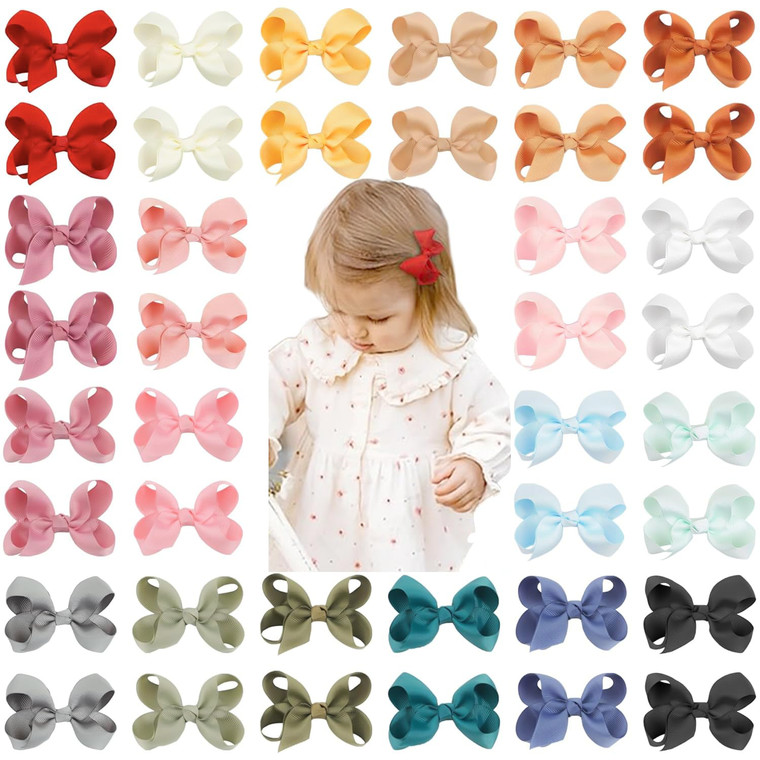 CÉLLOT 40 Pieces 3 Inch Hair Bows for Girls Clips Grosgrain Ribbon Boutique Hair Bow Alligator Clips For Girls Teens Toddlers Kids