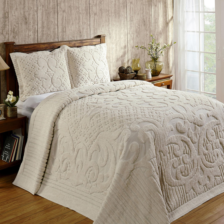 Better Trends Chenille Bedspreads Queen Size, Ivory 100% Cotton Chenille Medallion Design Tufted Bedding Coverlet Soft Lightweight, 102"x110" 1 Piece