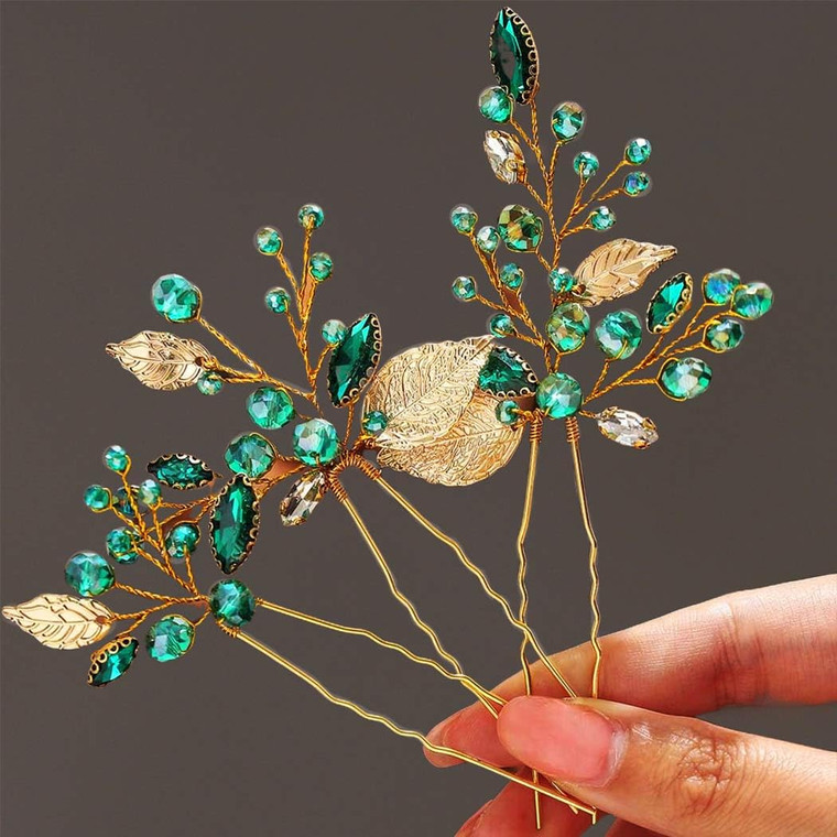 Latious Emerald Green Bride Wedding Rhinestones Hair Pins Gold Leaf Bridal Hair Pieces Crystal Hair Accessories for Women and Girls (Pack of 3) (Gold