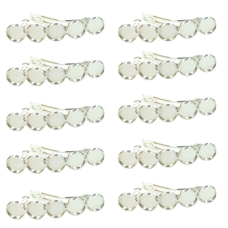 10 Pieces Metal Hair Clips with Round Tray Bases Fit 12mm Hair Clip Cabochon Settings, Silver Barrettes with Blank Trays for DIY Hair Accessories Mak