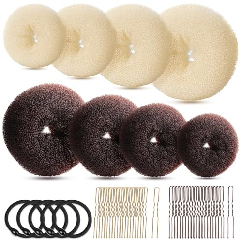 FANDAMEI Hair Bun Maker Set, Donut Bun Maker Set With 4pcs Dark Brown &4pcs Beige(2 extra-large,2 large,2 medium and 2 small), 5 pieces Hair Elastic