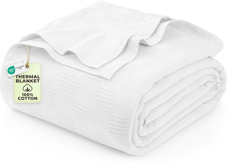 Utopia Bedding White 100% Cotton Blanket [Queen Size - 90x90 Inch] 350GSM Lightweight, Soft and Breathable Thermal Blanket for All Seasons