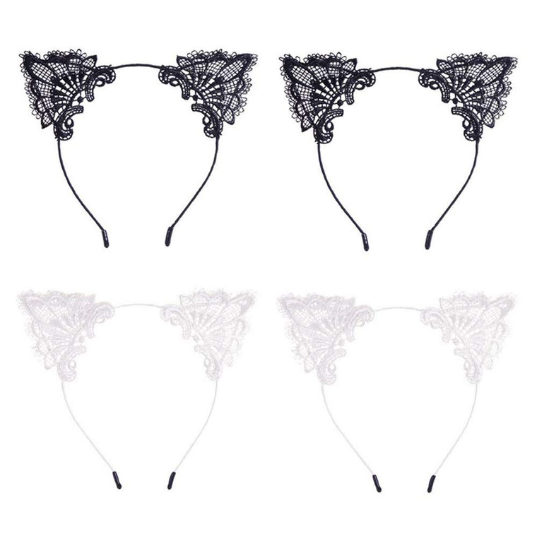 YAXAMING 4 Pcs Halloween Cat Ears Headband Lace Cat Hair Hoops Bands Animal Headpiece Hairband Women Xmas Festival Parade Wedding Masquerade Cosplay