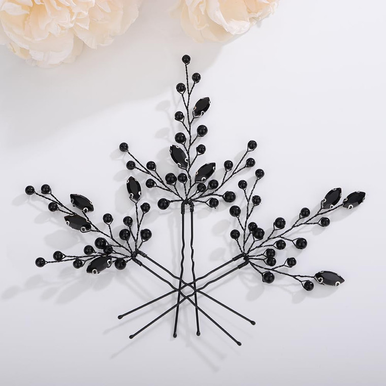 Teyglen 3pcs Black Pearl Crystal Wedding Hair Pins Set for Bride, Wedding Hair Accessories, Handmade Black Pearl Hair Pieces for Women, Bridesmaid, G