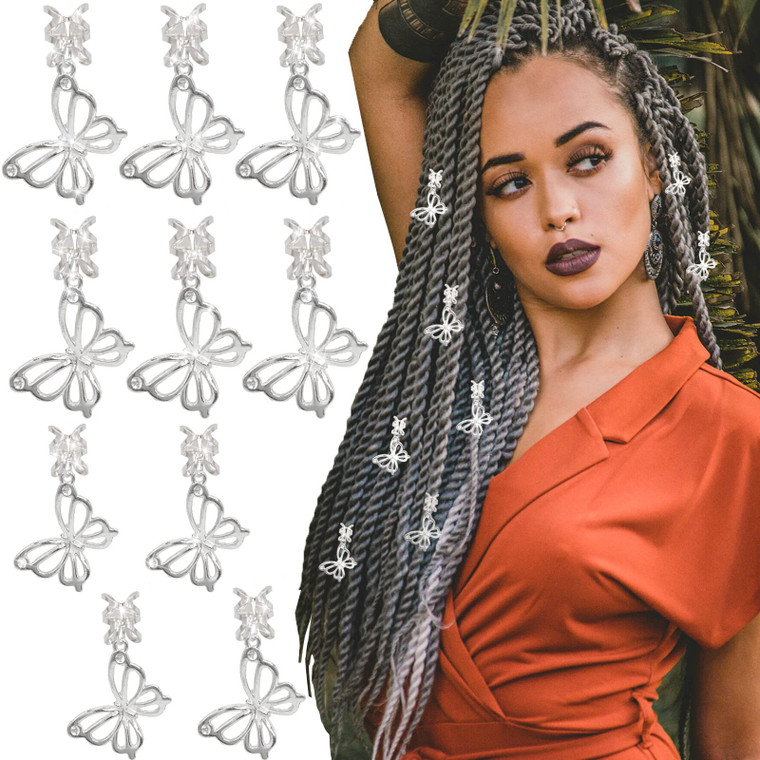 NAISKA Butterfly Hair Jewelry for Braids - 10Pcs Silver Hair Clips, Dreadlock Charms, Hair Rings & Accessories for Women and Girls