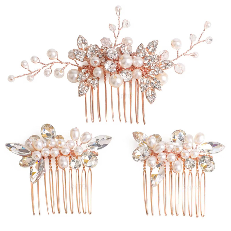 Sppry Elegant Rhinestone Pearl Hair Combs, Jewelry Floral Crystal Hair Accessories for Bridal Women at Wedding Prom, Set of 3 (Rose Gold)