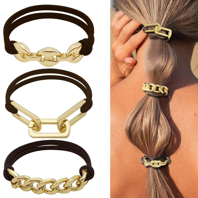 Hair Ties No Damage, Elastic Bracelet Hair tie for Thick Hair - Gold Ponytail Holders - Handmade Cute Hair Accessories, Brown