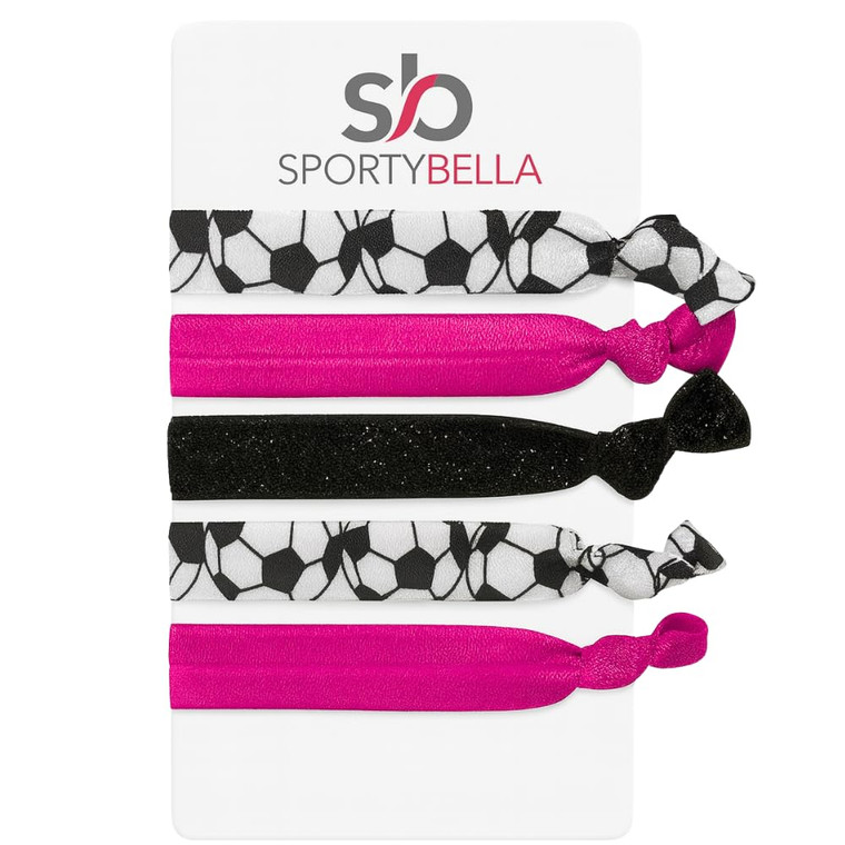 Sportybella Soccer Hair Ties  5pc Set No Crease Ponytail Holders & Bracelets  Pink, Black & White Soccer Ball Design  Cute Soccer Accessories & Te