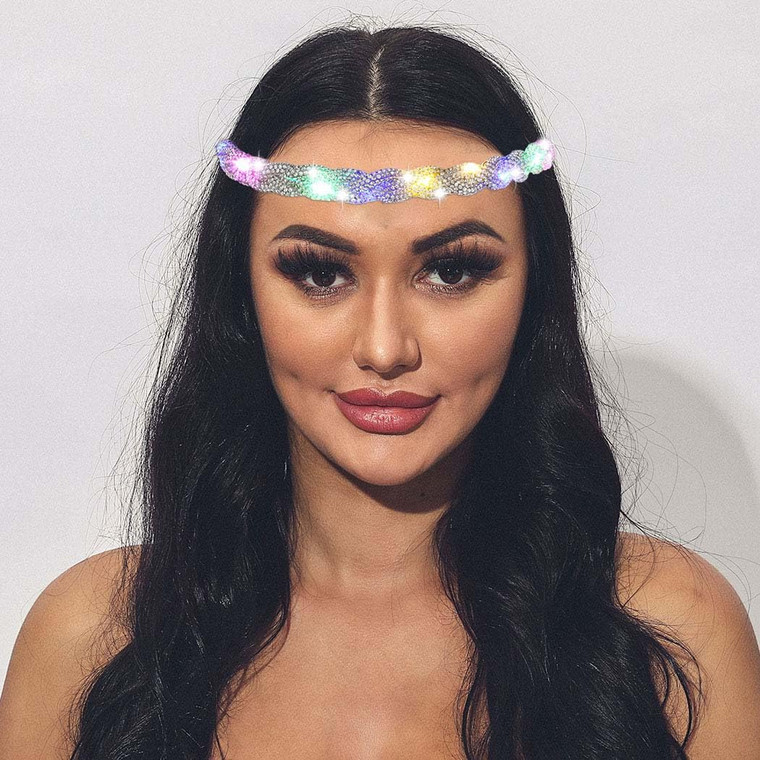 EARENT Light Up Rave Headband Silver Glow Rhinestone Hair Accessories for Women