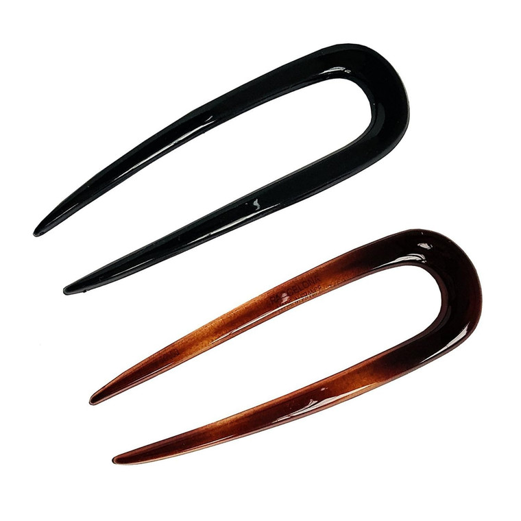 Parcelona French Set of 2 Tortoise Shell Brown Black Celluloid Chignon Bun Hair Updo U Sticks Pins for Bun