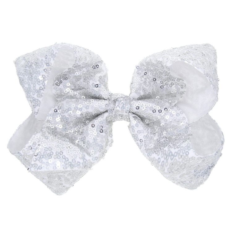 Xansema Hair Bows with Sequins: Large 8 Inch Alligator Clips and Barrettes for Girls, Women, Teens, and Kids (Silver)