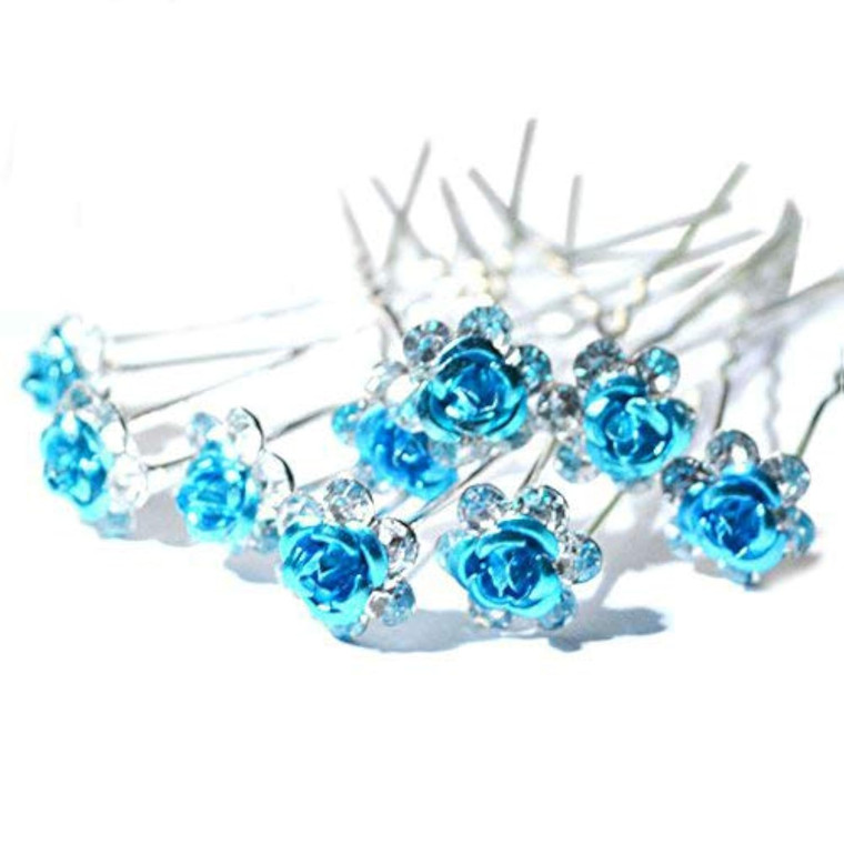 AKOAK 20 Pcs/Lot Women Wedding Bridal Clear Crystal Rhinestone Rose Flower Hair Pin Clips Hair Accessories Jewelry Barrettes Headwear?Light Blue?