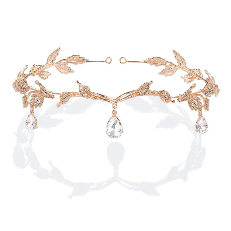BABEYOND Crystal Leaf Wedding Diadem Headband Bridal Bridesmaid Forehead Band Rhinestone Bridal Tiara Crown with Gift Box, Rose Gold, One size