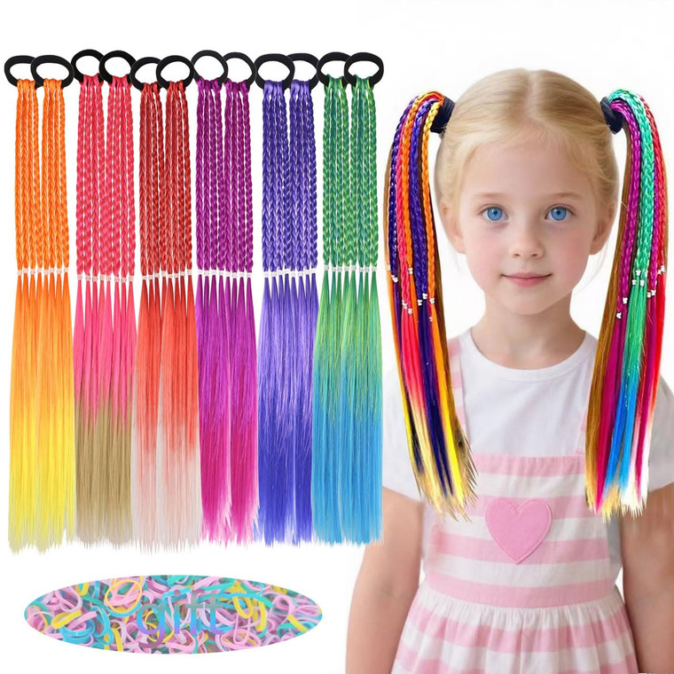 Colored Braids Hair Extensions with Rubber Bands Rainbow Braided Synthetic Hairpieces Ponytail Hair Accessories for Women Girls Party Highlights Cosp