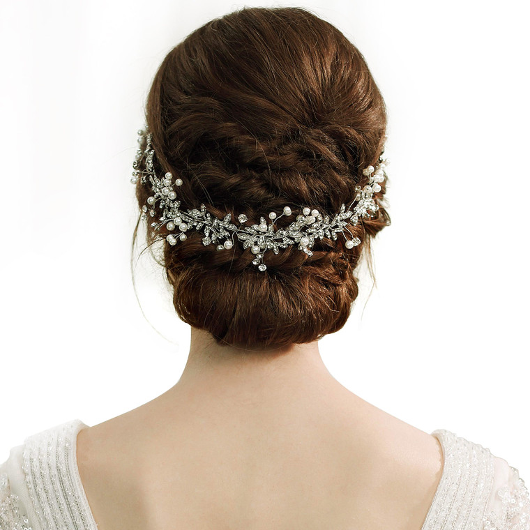 BABEYOND Bridal Headpiece Handmade Wedding Hair Vine Bead Crystal Floral Leaf Headband with Lace Ribbon