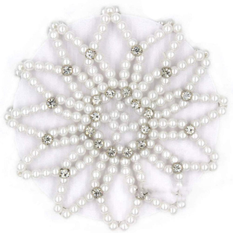 Teensery Crochet Pearl Rhinestone Hair Snood - Elastic Hair Net for Women and Girls, Ballet Dance, Skating (White, 1 Count)