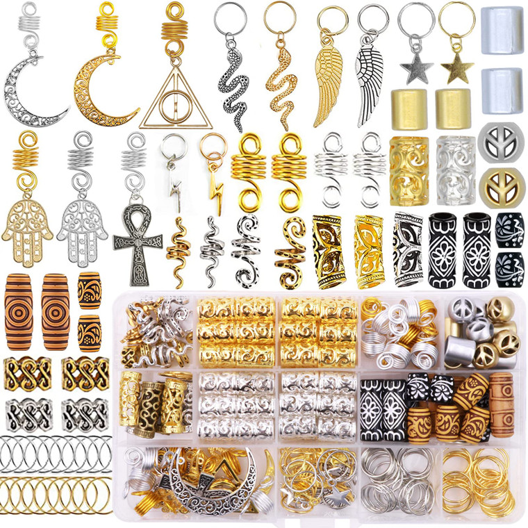 NAISKA 184Pcs GoldHair Jewelry for Braids Metal Alloy Snake Braid Clips Dreadlocks Accessories Loc Adornment Wood Beads Hair Charm Hair Rings Cuffs f